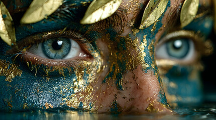 Surreal portrait of a woman with golden face and olive branches, emerging from blue water, HD realistic