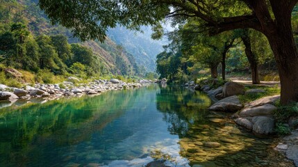 Serene River Landscape in Mountain Valley: Picturesque Nature Scene