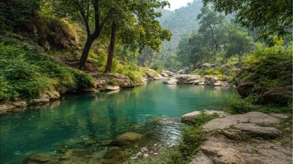 Serene Emerald River in Lush Green Valley
