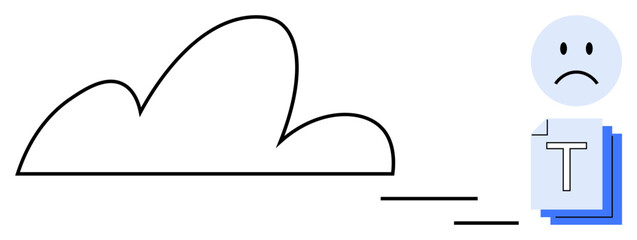 Cloud shape with a sad-faced figure connected to scattered data files. Ideal for technology, innovation, remote data issues, cloud storage, business planning, system errors, and a simple landing page