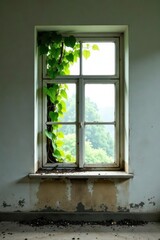 Fototapeta premium A weathered windowsill, stained and aged, frames a view of lush green foliage pushing through a pane of glass, a testament to nature's persistent growth and reclamation