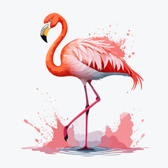Graceful pink flamingo illustration with stylized feathers, standing on one leg amidst watercolor splashes.