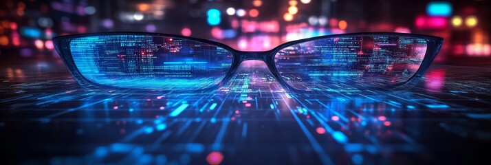Cyberpunk Cityscape with Neon Lights and High-Tech Lenses Reflecting Urban Technology Trends