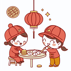 Kawaii Vector of Chibi Children in Red and Golden Outfits Making Dumplings for Chinese New Year

