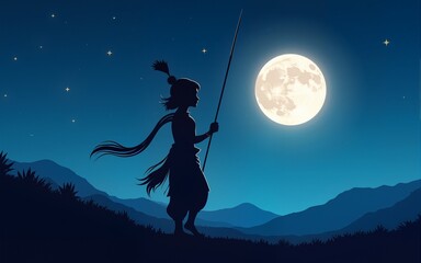 Happy Janmashtami with lord Krishna silhouette on night blue sky with full moon. Creative Vector Illustration design. High quality