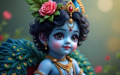 Child krishna with blue skin color with peacock. High quality