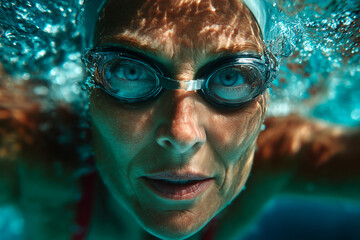 Fototapeta premium Middle-Aged Woman Swimming Underwater with Determined Expression Symbolizing Wellness and Longevity
