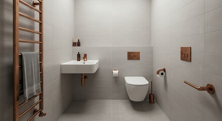 Minimalist bathroom interior with contemporary elegance, featuring grey tiles and luxury copper fixtures.