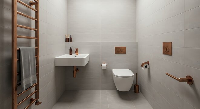 Minimalist bathroom interior with contemporary elegance, featuring grey tiles and luxury copper fixtures.
