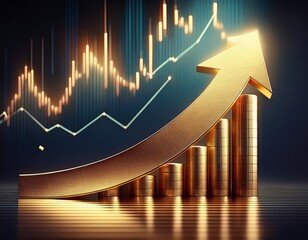 golden arrow pointing up with cylinders and stock market chart in background