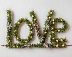 The word love crafted from festive fir branches, adorned with golden stars, red berries, and snowflakes for a Christmas greeting.