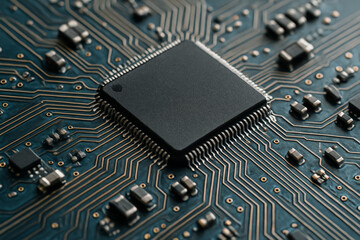 Close-up of a microchip on a detailed circuit board
