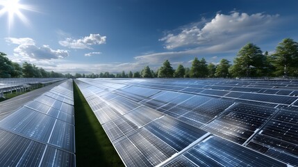 Modern solar panels in a large farm under a clear blue sky, perfect for renewable energy presentations.