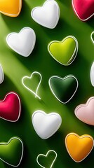 Pastel Hearts Sketch Pattern on Green Background