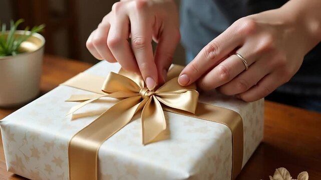 Elegantly wrapping a present with golden ribbon, creating a beautiful gift for special occasion