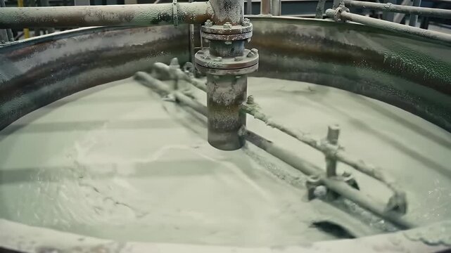 Close Up of Lime Slurry Mixing Tower With Industrial Agitator Stirring Pale White Chemical Solution in Large Metal Tank For Consistent Material Processing and Fluid Mechanics In Neutral Lighting