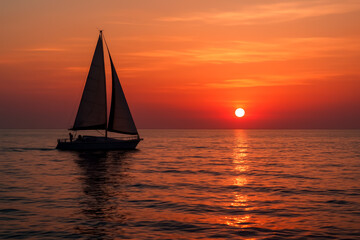 Fototapeta premium Sailboat silhouette against a vibrant sunset over calm waters