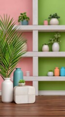 Pastel Home Decor with Green and Pink Walls Featuring Potted Plants and Vases