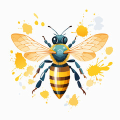 Stylized honeybee illustration with a blue head, fuzzy thorax, and striped abdomen, surrounded by yellow paint splatters.