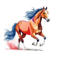 Obraz premium Dynamic illustration of a running chestnut horse with a striking blue mane and tail.