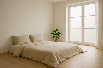Cozy minimalist bedroom with natural light and green plant