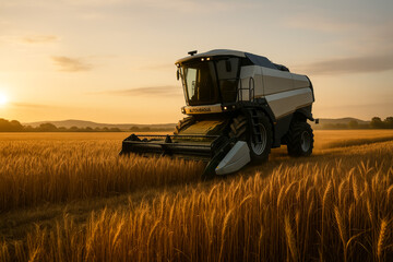 Fototapeta premium Autonomous harvester working in golden wheat field at sunset