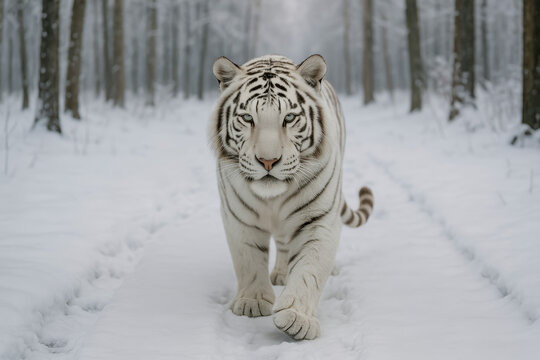 Majestic white tiger walking through snowy forest landscape - Powered by Adobe