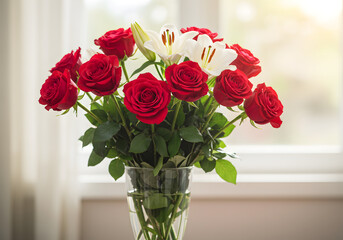 Obraz premium Red roses and white lilies floral arrangement in glass vase