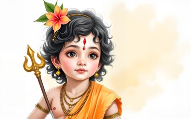 Watercolor illustration for janmashtami with young lord krishna portrait. High quality