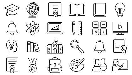 Black and white line drawing icons representing education and school learning tools including books maps and science for background or illustration of academic pursuits study and