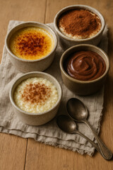 Delicious assortment of creamy desserts in rustic bowls on table