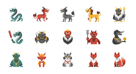 Obraz premium Mythical Creatures Vector Set Diverse collection of legendary beasts and folklore figures, including dragons and fantasy monsters. Ideal for cultural design and mystical illustrations.
