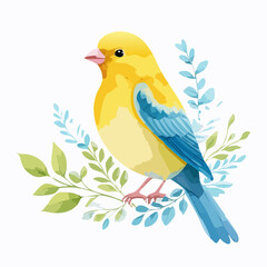 Fototapeta premium A vibrant yellow bird with blue wings and tail, perched on leafy branches in a watercolor style.
