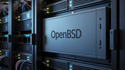 Close-up of a server blade displaying "OpenBSD", highlighting secure and reliable data center technology