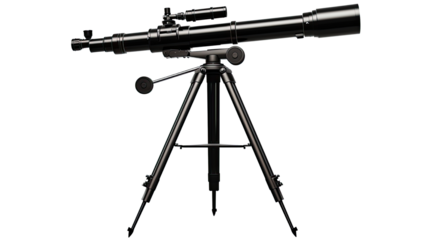 Black telescope mounted on a sturdy tripod for stargazing and astronomy observation in realistic vector style isolated on white background