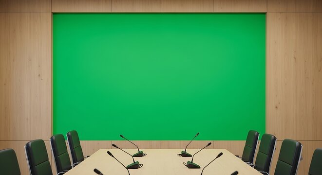 Empty corporate boardroom with a large green screen on a wooden wall, perfect for business presentation concepts and mockups. - Powered by Adobe