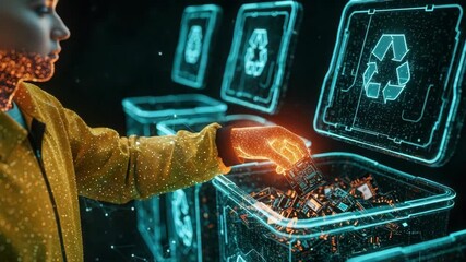 A futuristic scene depicting a person in a yellow jacket placing electronic waste into a digital recycling bin with glowing circuitry and data patterns in a high-tech environment - Powered by Adobe