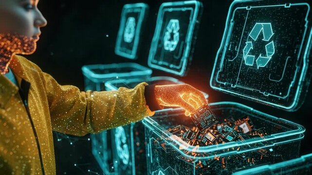 A futuristic scene depicting a person in a yellow jacket placing electronic waste into a digital recycling bin with glowing circuitry and data patterns in a high-tech environment - Powered by Adobe