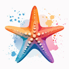 Vibrant watercolor starfish illustration with a colorful orange, purple, and blue gradient.