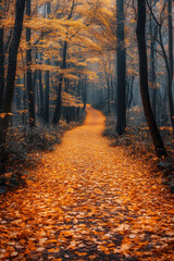 Fototapeta premium Autumn path winding through the woods.