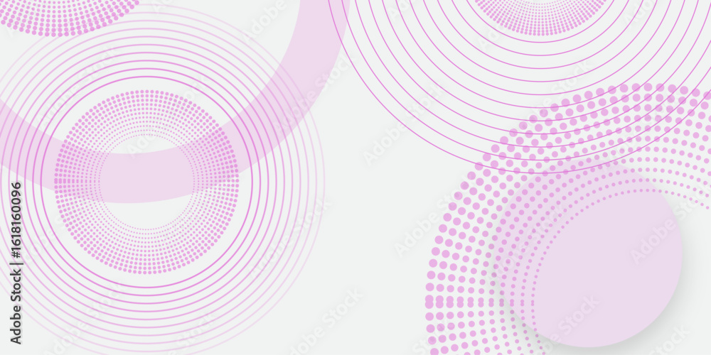 Poster abstract white background with pink circle rings. spiral sound wave rhythm line and dots dynamic abs