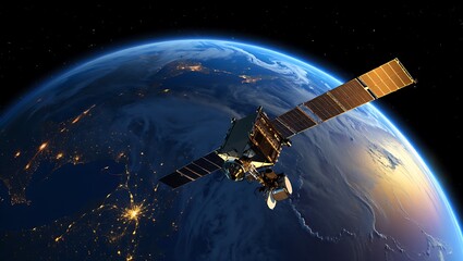 Naklejka premium Satellite orbiting Earth with city lights and atmosphere in space exploration photography background concept for telecommunications and observation science