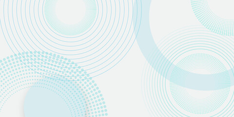Abstract white background with blue circle rings. Spiral sound wave rhythm line and dots dynamic abstract background. Geometric website landing page or banner template modern style vector illustration