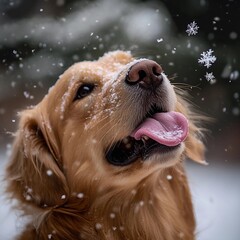 Golden retriever enjoying snowfall in a winter wonderland with snowflakes falling gently around