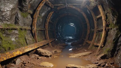 Walking into old rusty mine tunnel - Powered by Adobe