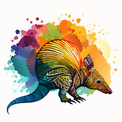 Colorful armadillo illustration with intricate line art and vibrant watercolor splash details.