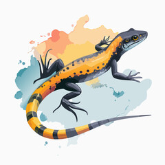 Obraz premium Vibrant orange and black spotted lizard with a long striped tail, in a dynamic vector art style.