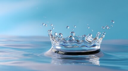 Droplet Impact Creating Splash on Calm Water Surface with Blue Background