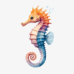 Artistic watercolor seahorse with a colorful orange-to-blue gradient body and curled tail.