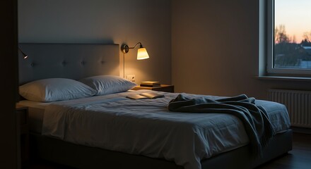 A tranquil and cozy bedroom setting at dusk, with a warm lamp illuminating a book on the comfortable bed.